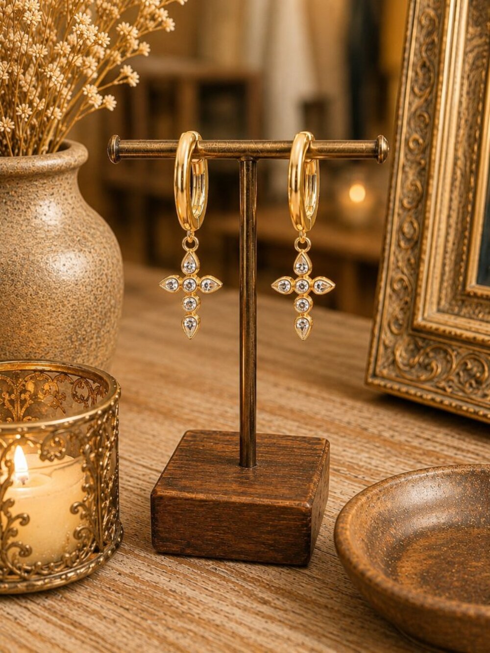 14K Gold Plated Sterling Silver Posts Cross Earrings